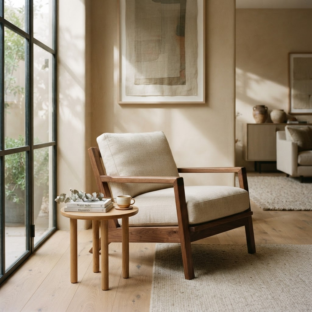 PebbleCreek Properties showroom with a walnut lounge chair and oak side table